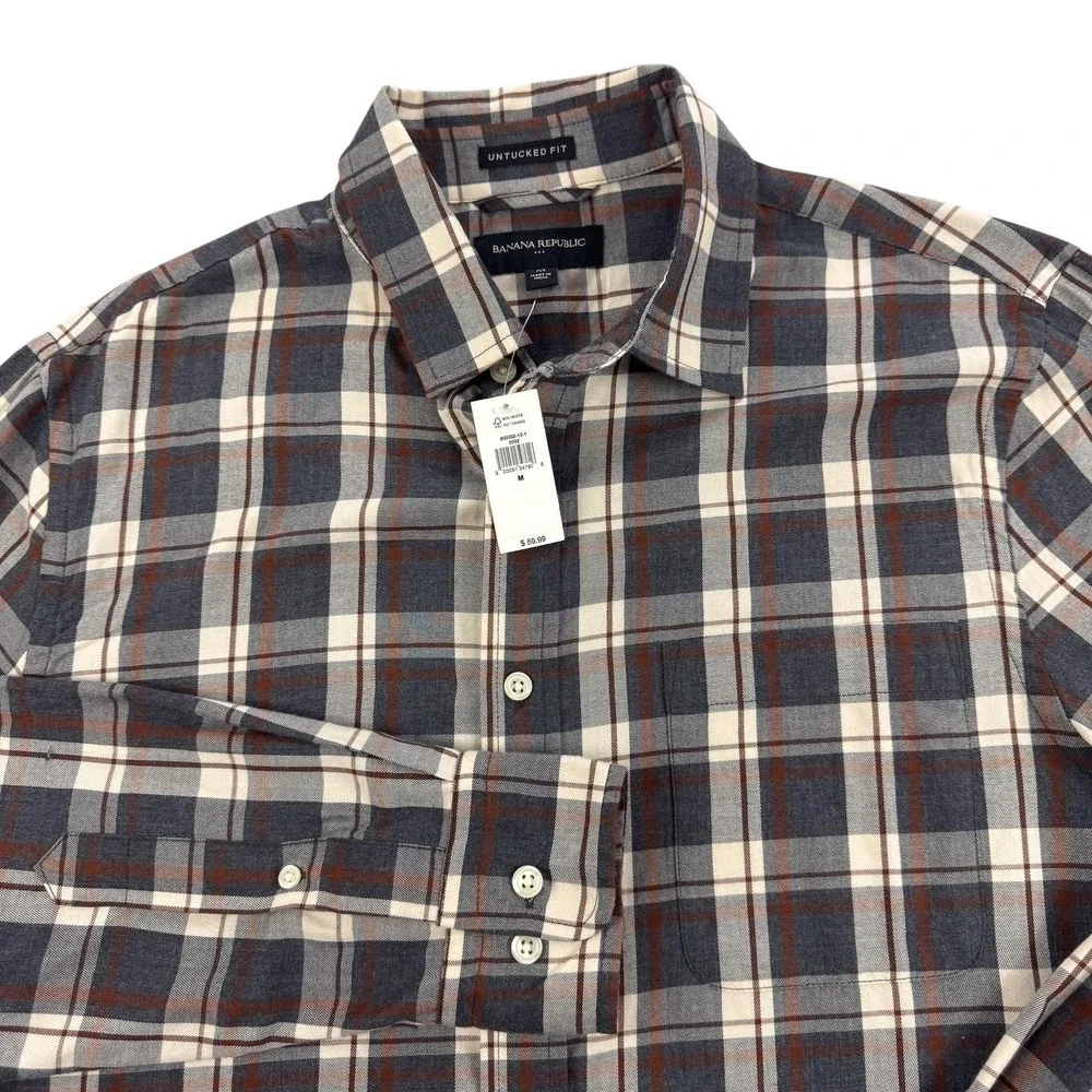 Banana Republic Twill Shirt Mens Medium Gray Plaid Untucked Fit Office‎ NEW $60